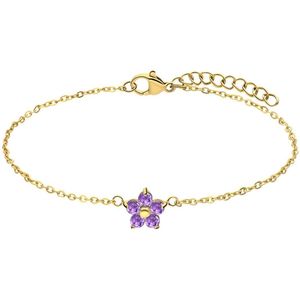 Lucardi Dames Stalen goldplated armband bloem met zirkonia paars - Armband - Staal - Goudkleurig - 20 cm
