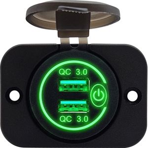 ProRide® 12V USB Stopcontact 2 Poorten Inbouw met Schakelaar - QC3.0 - PUSB1QC-G - USB Autolader, Boot en Camper - Complete set - Groen