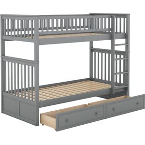 Merax Stapelbed 90x200 cm - Bed voor 2 Personen - Kinderbed met Opbergruimte - Grijs