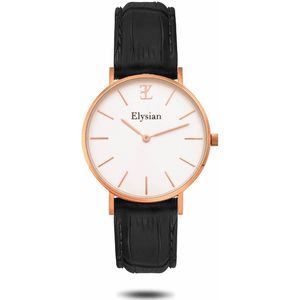 Elysian - Horloge Dames - Rosé Gouden - Zwart Croco Leer - Waterdicht - 36mm - Cadeau Voor Vrouw