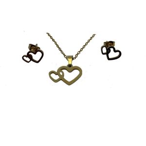 Zoëies ketting oorbellen set met twee harten goudkleurig