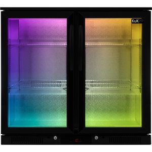 KuKoo Koelkast voor Achter de Bar - Scharnierende Dubbele Deur - Zwart, 112 x 500 ml Flessen Bier en Wijn, LED-licht met 7 Kleuren, 4 Verstelbare Planken
