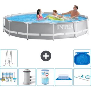 Intex Rond Prism Frame Zwembad - 366 x 76 cm - Grijs - Inclusief Onderhoudspakket - Zwembadfilterpomp - Filter - Grondzeil - Schoonmaakset - Ladder - Voetenbad