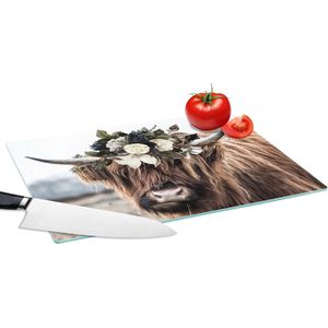 Glazen Snijplank - 39x28 - Schotse hooglander - Bloemen - Hoorn - Snijplanken Glas