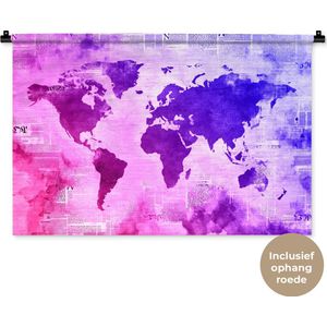Wandkleed WereldkaartenKerst illustraties - Wereldkaart met roze verf die overgaat in blauw op achtergrond met krantenpapier Wandkleed katoen 90x60 cm - Wandtapijt met foto