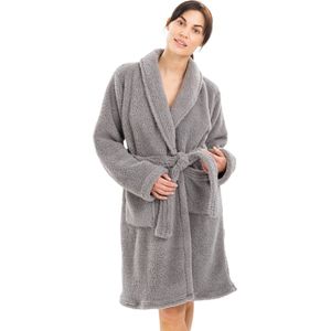 HOMELEVEL fleece badjas voor dames - Damesbadjas van zachte sherpa fleece - Met zakken en ceintuur - Maat L in lichtgrijs