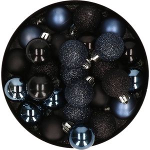 28x stuks kunststof kerstballen donkerblauw en zwart mix 3 cm - Kerstboomversiering