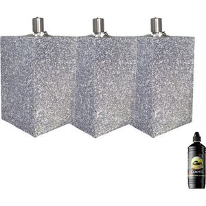 3 stuks betonlook terrazzo tuinfakkels tafel- en terras model rechthoekig 205/100/100 (8 uur) Kunststof met rvs reservoir + 1 liter olie