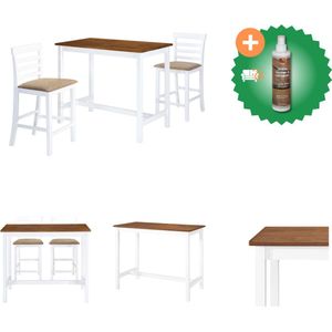 vidaXL Bartafel- en barstoelenset massief hout bruin en wit 3-delig - Set tafel en stoelen - Inclusief Houtreiniger en verfrisser
