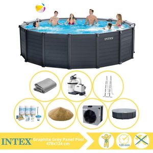Intex Graphite Gray Panel Zwembad - Opzetzwembad - 478x124 cm - Inclusief Onderhoudspakket, Filterzand en Warmtepomp CP