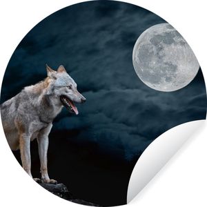 WallCircle - Behangcirkel - Zelfklevend behang - Wilde dieren - Wolf - Maan - Bos - Natuur - ��⌀ 120 cm - Behangcirkel dieren - Rond behang