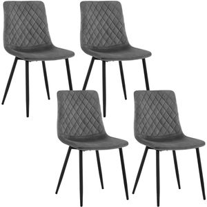 4 stuks/set Luxe Donker Grijs Fluwelen Scandinavische Eetkamerstoel Hoogte Rugleuning 37 Gewatteerde Zitting Fluweel Ergonomische Nordic Design Brede Zitting 44x81 Zitdiepte 39 Geruite Patronen Robuust Stabiel Metalen Verstelbare Poten Gekruist<150Kg