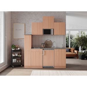 Goedkope keuken 180  cm - complete kleine keuken met apparatuur Gerda - Beuken/Beuken - keramische kookplaat  - koelkast  - magnetron - mini keuken - compacte keuken - keukenblok met apparatuur