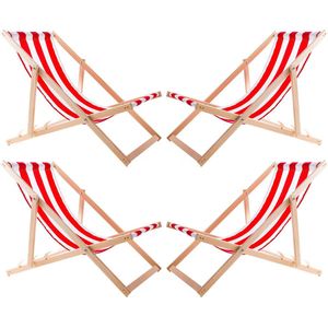 Set van 4 stuks - Strandstoel - ligstoelen - Verstelbaar - Inklapbaar - beukenhout - Wit met rode strepen