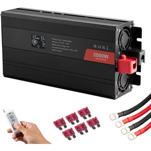 Omvormer met zuivere sinusgolf, 2000 W, DC 12 V naar AC 230 V, 2 AC-aansluitingen, 2 USB-poorten, type C, LCD-display, afstandsbediening voor huishoudelijke apparaten