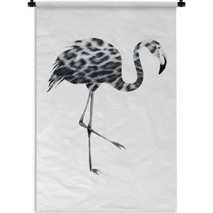 Wandkleed FlamingoKerst illustraties - Een zwart-witte flamingo op een witte achtergrond Wandkleed katoen 120x180 cm - Wandtapijt met foto XXL / Groot formaat!
