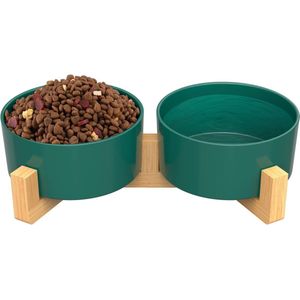 Keramische bak met verhoogde bamboe standaard voor honden en katten, als voerbak of waterbak te gebruiken, kattenvoerbak, antislip, vaatwasmachinebestendig (2 x - 850 ml, groen)