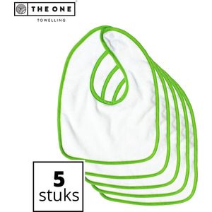 The One Towelling Baby Slab - Voordeelverpakking - Slabbetjes - 100% Katoen - Klittenband sluiting - 26 x 37 cm - Wit/Limoengroen - 5 Stuks