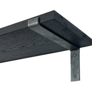 GoudmetHout - Massief eiken wandplank - 200 x 25 cm - Zwart Eiken - Inclusief industriële plankdragers L-vorm Geen Coating - lange boekenplank