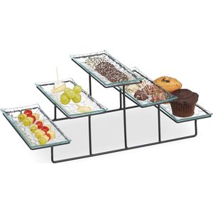 Relaxdays serveerschaal, 3-laags etagère, 5 schalen van glas, ijzer, 17.5 x 46 x 24.5 cm, doorzichtig/zwart