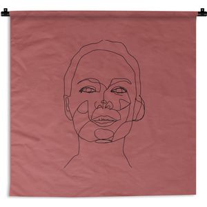 Wandkleed Line-art Vrouwengezicht - 20 - Illustratie blij vrouwengezicht op een rode achtergrond Wandkleed katoen 150x150 cm - Wandtapijt met foto