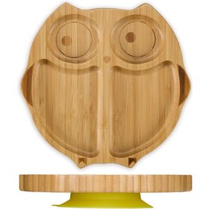 Relaxdays vakjesbord uil - kinderbord met 4 vakjes - babybord met zuignap - bamboe bord