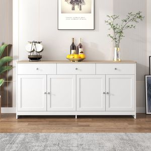 Sweiko Sideboard met witte houtnerf, vier deuren, met drie lades, woonkamer, eetkamer. Houtkleur en wit