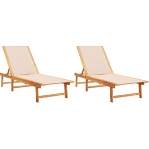 The Living Store Ligbedden 2 st massief acaciahout en textileen crèmekleurig - Ligbed - Acacia Hout - Lounge Stoel - Tuinset - Buitendecoratie