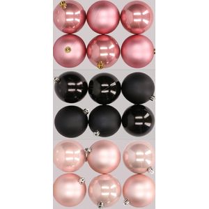 18x stuks kunststof kerstballen mix van lichtroze, zwart en oudroze 8 cm - Kerstversiering