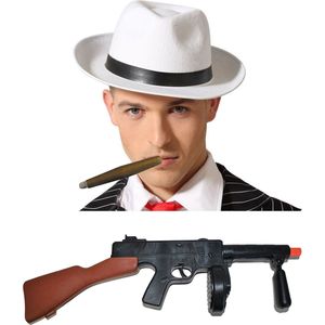 Gangster/maffia/roaring Twenties verkleed set - gleufhoed wit - met dikke sigaar en machinegeweer