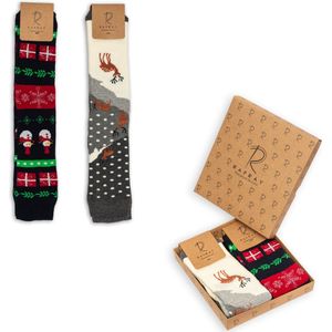 Rafray Knee Socks - Winter Kniekousen Voor Dames Gift box - Wintersokken - Navy Snowman & Deer - Premium Katoen - 2 paar - Maat 36-40