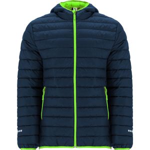 Gewatteerde sport jas met reflectie met donsvulling Donker Blauw / Fluor Groen model Norway Sport merk Roly maat M