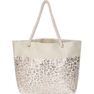 Grote strandtas met leopard print - Goud/beige - Metallic - Schoudertas voor volwassenen - 58 x 38 x 20 - Luipaard print met ritssluiting - Groot hoofdvak en binnenvak - Zwemtas, grote shopper, badtas - Grote capaciteit - Katoen - Dierenprint tas