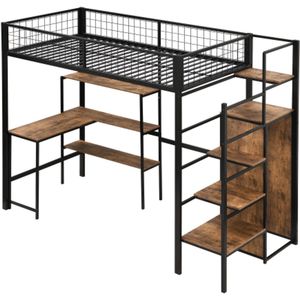 Gotagee Hoogslaper 90x200 cm, ijzeren bed, opbergladder, diverse legplanken, zonder matras, inbouwkast, bureau, zwart