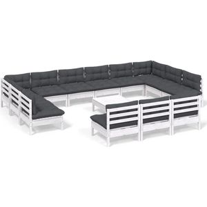 vidaXL Loungeset 14-delig - Grenenhout - Wit Loungeset - Tuinset - Houten Lounge - Tuinlounge - Loungebank
