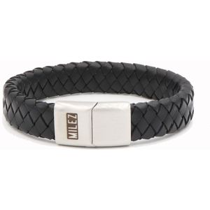 Gevlochten leren armband met magneetsluiting - Zwart - Maat M