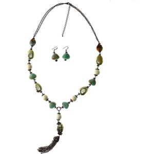 Behave Set ketting en oorbellen vintage blauw groen met goud en rosè goud kleur 70 cm