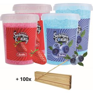 Suikerspin suiker - Gender Reveal pakket - Babyshower Party - 2x Bosbes Blauw - 2x Aardbei Roos - 4 x 400 gram ± 100 suikerspin stokjes