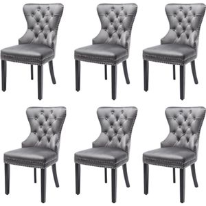 Velvet eetkamerstoelen 6er set met eiken poten, knoop, chrome tapper en nagelkopkoks stoel keukenstoel woonkamer woonkamer lounge vrije tijd (grijs, 6 stuks)