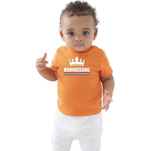 Koningsdag met witte kroon t-shirt oranje baby/peuter voor jongens en meisjes - Koningsdag / Kingsday - kinder shirtjes / feest t-shirts 3-6 mnd