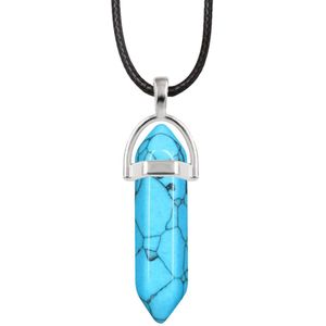 Bixorp Gems Turkoois Hanger aan Faux Leren Koord - Edelsteen Ketting - Edelstenen Staafje met Stainless Steel omhuizing - 45/50cm Damesketting