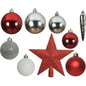 33x stuks kunststof kerstballen met piek rood/wit/zilver 5-6-8 cm - Onbreekbare kerstballen