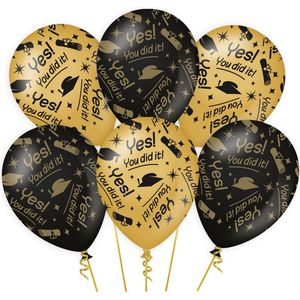 12 STUKS Yes You Did It Ballonnen - Geslaagd - Feest Versiering - Decoratie Versiering - Man & Vrouw - Zwart en Goud - Ballon