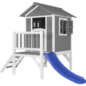 AXI Beach Lodge XL Speelhuis  in Grijs met Blauwe Glijbaan - Speelhuis op palen met veranda gemaakt - FSC hout - Klein speeltoestel voor de tuin