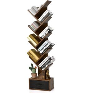 Boomvormig boekenkast, 149,5 cm, smalle boekenkast met 10 planken, holle bodem en uitneembare inklapbare lade, opbergrek voor woonkamer, kantoor, slaapkamer (bruin)