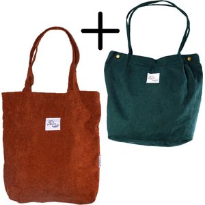 GoDaily - Dames - Schoudertas - Handtas - Bag - Corduroy - Tas - Tote - Groen - Bruin