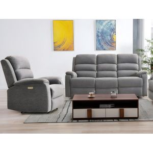 Vente-unique Elektrische driezits relaxbank en relaxfauteuil van stof met plateau NEVERS - Antraciet L 187 cm x H 103 cm x D 95 cm