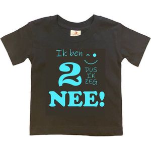 T-shirt Kinderen ""Ik ben 2 dus ik zeg NEE!"" | korte mouw | zwart/aquablauw | maat 98/104