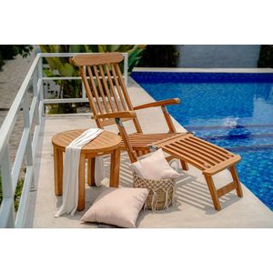 Teakea - Teak Deckchair met Afneembare Voetenbankje |Tuin Ligstoel | Verstelbaar in 5 standen | RVS Beslag