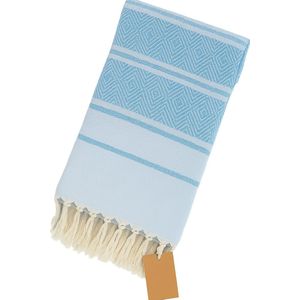 Extra groot strandlaken – XXL strandlaken – 140 x 200 cm – lichtblauw / wit – luxe katoenen strandhanddoek – XXL badhanddoek – reishanddoek – strepen/ruit patroon – lichtgewicht – sneldrogend – zandafstotend - Ibiza stijl badlaken - Viva Dune